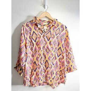 Chico’s Linen Shirt‎ Womens Size XS IKAT Button Down 3/4 Sleeve